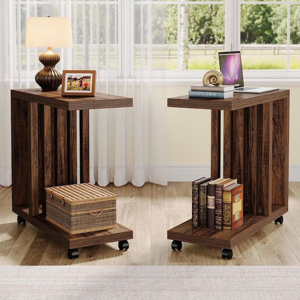 Kerlin 23.6 in. Brown Rectangle Wood End Table with Lockable Wheels, Wood Bedside Table Set of 2