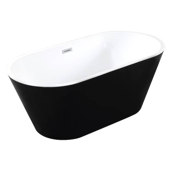 59 in. x 30 in. Oval Acrylic Freestanding Soaking Bathtub with Center Drain in Black White