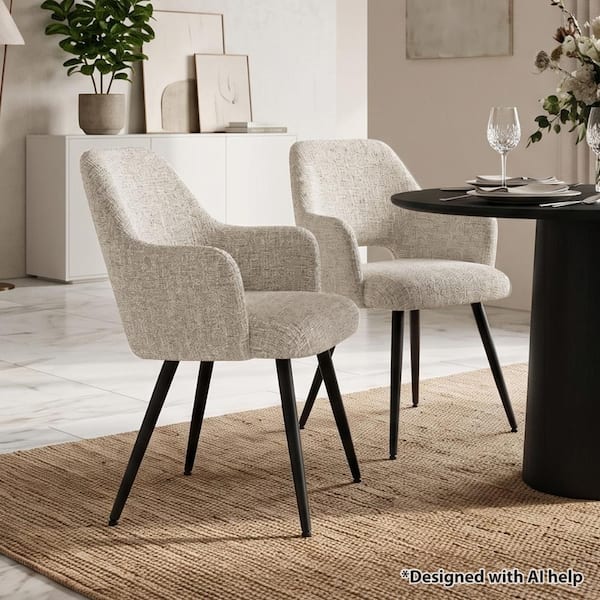 Upholstered Dining Armchairs Set of 2, Cut-Out Back Oatmeal Dining Chairs, Tapered Black Metal Legs