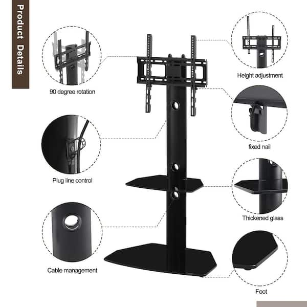 Tatahance 15 7 In Multi Function Tempered Glass Metal Frame Floor Tv Stand With Height And Angle Adjustable F W The Home Depot
