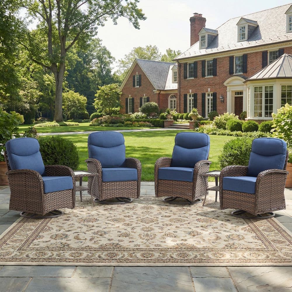 Goyal 6-Piece Brown Wicker Outdoor Rocking Chair Patio Furniture Swivel Glider Set Deep Seating with Blue Cushions price history on PriceWatchPro