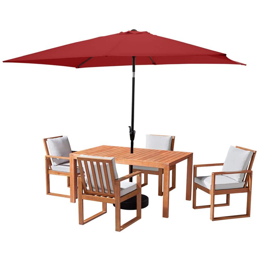 Alaterre Furniture 6 Piece Set, Weston Wood Outdoor Dining Table Set with 4 Cushioned Chairs, 10-Foot Rectangular Umbrella Red