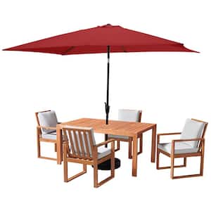 6 Piece Set, Weston Wood Outdoor Dining Table Set with 4 Cushioned Chairs, 10-Foot Rectangular Umbrella Red