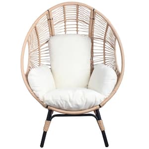 Outdoor wicker patio garden lounge egg chair and footstool with beige cushions, suitable for patio, garden, backyard