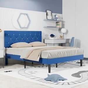 Upholstered Bed, Blue Metal Frame Full Platform Bed with Wood Slat Support, No Box Spring Needed Bed Frame