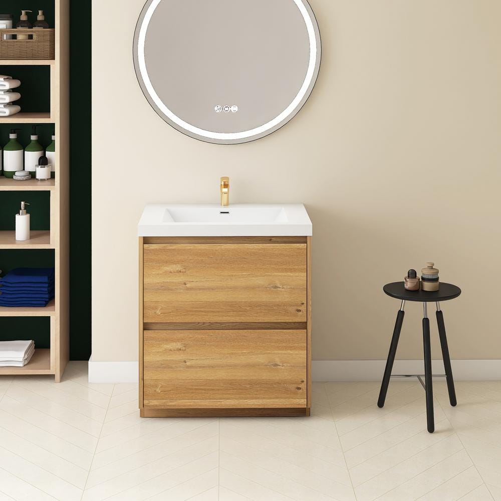 30 in. Wall-Mounted Natural Oak Bath Vanity with Gloss White Cultured Marbl