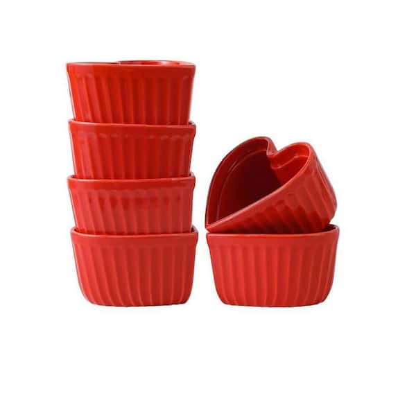 6-Piece Heart Shape Ceramic Ramekins Set Red Porcelain Baking Bowls for Souffle Creme Brulee Pudding Dessert
