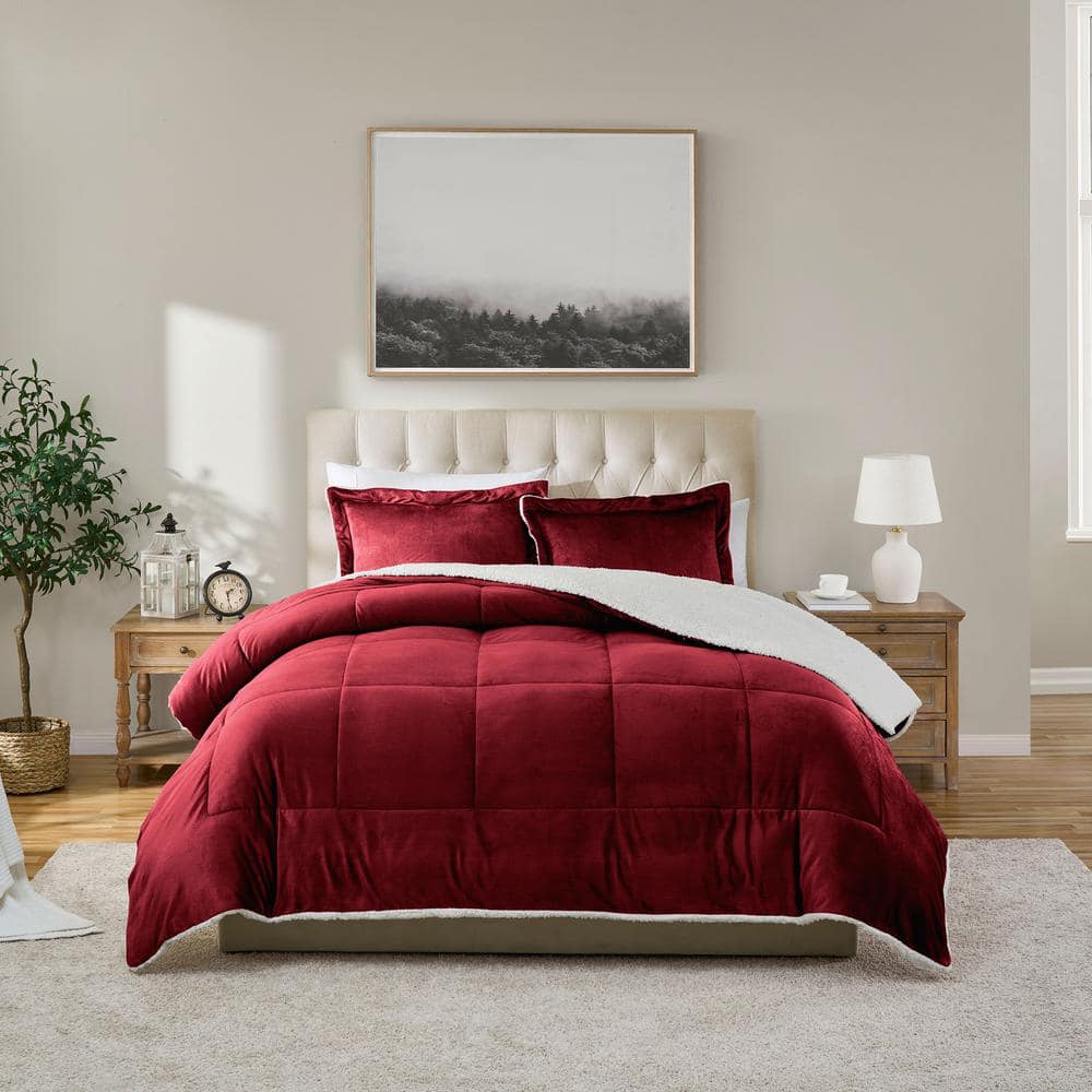 Full Burgundy Reversible Microfiber and Sherpa Comforter Set