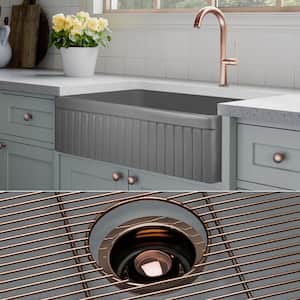 Luxury Matte Gray Solid Fireclay 33 in. Single Bowl Farmhouse Apron Kitchen Sink with Polished Rose-Gold Accs