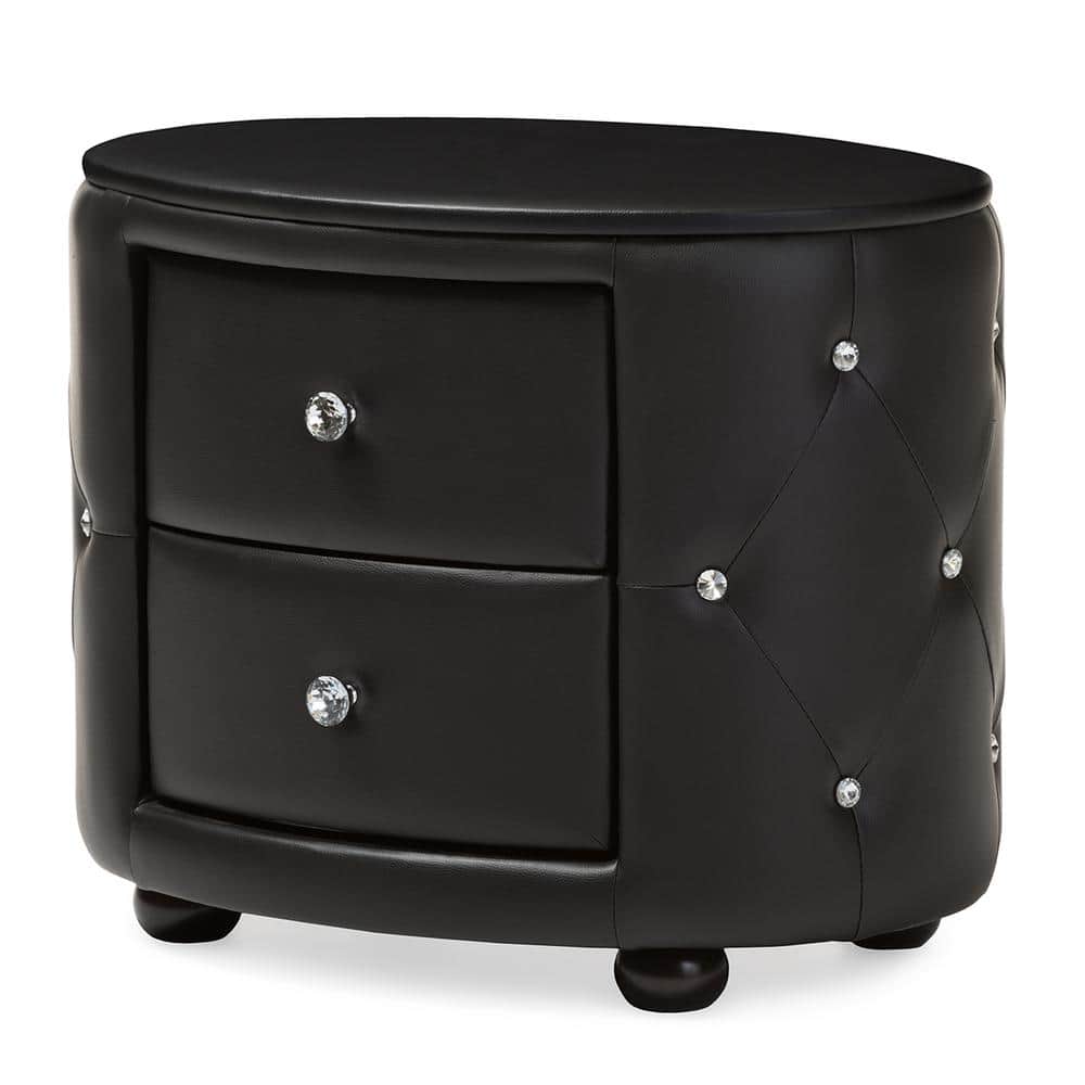 Davina Glam Black Faux Leather Tufted Nightstand with Crystal Knobs
