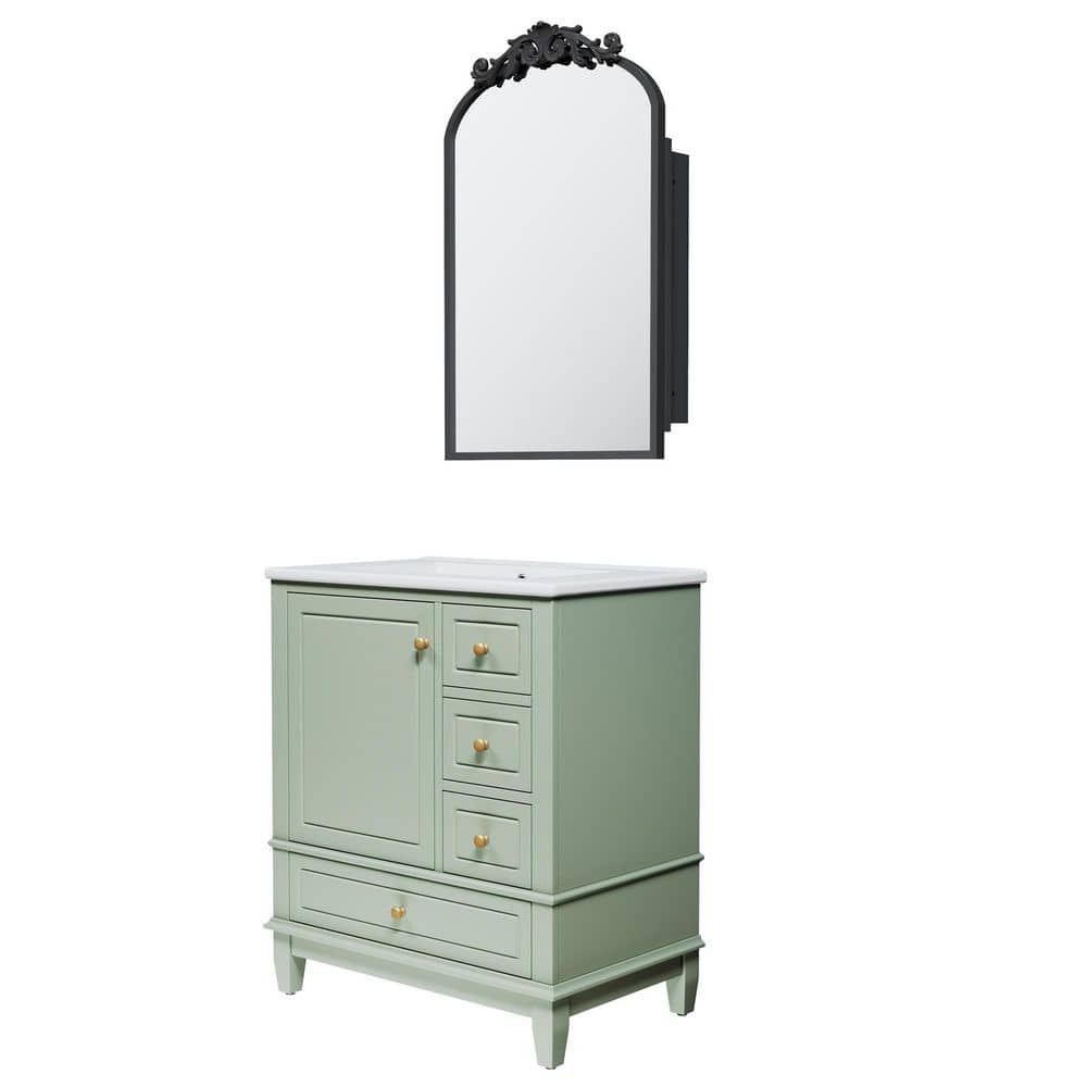 Black 20 in. W x 30 in. H Farmhose Arched Iron Framed Carved Mirror Cabinet