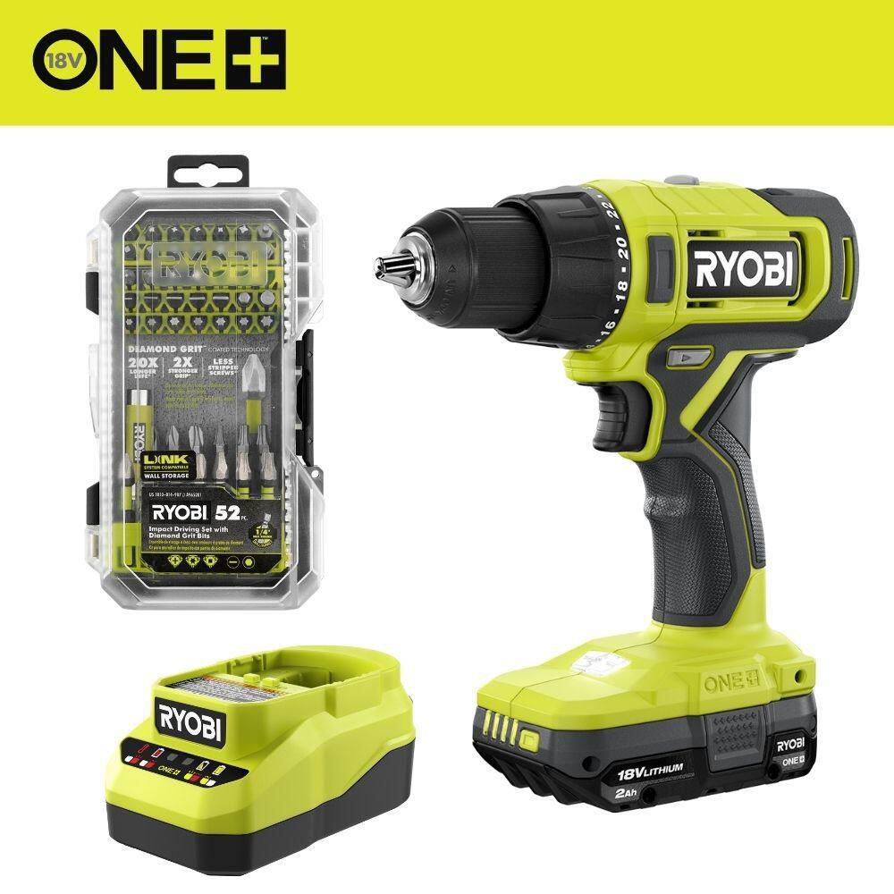 ONE+ 18V Cordless 1/2 in. Drill/Driver Kit with 1.5 Ah Battery, Charger, and Diamond Grit Driving Set (52-Piece)