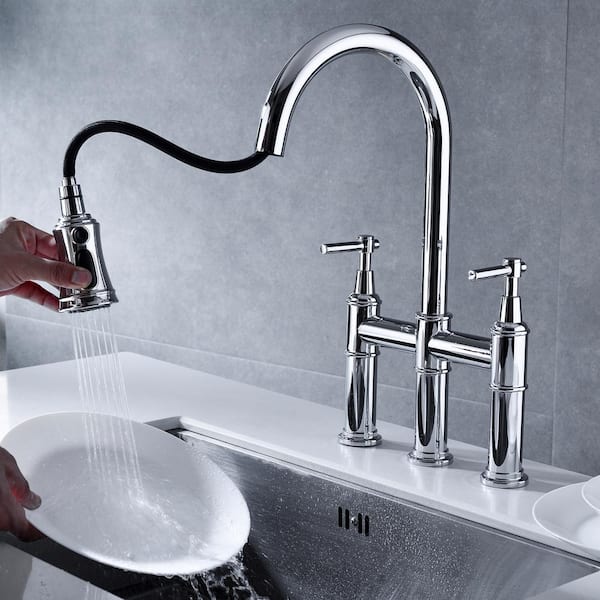 Bridge Double Handle Brass Gooseneck Pull Down Sprayer Kitchen Faucet in Chrome