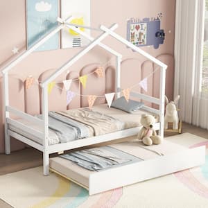 White Wood Frame Twin Size House Platform Bed, Kids Bed with Twin Size Trundle