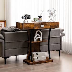 35 in. Rustic Brown Rectangle Wooden Sofa Console Table with Drawer and 2-Tier Shelves for Entryway Living Room