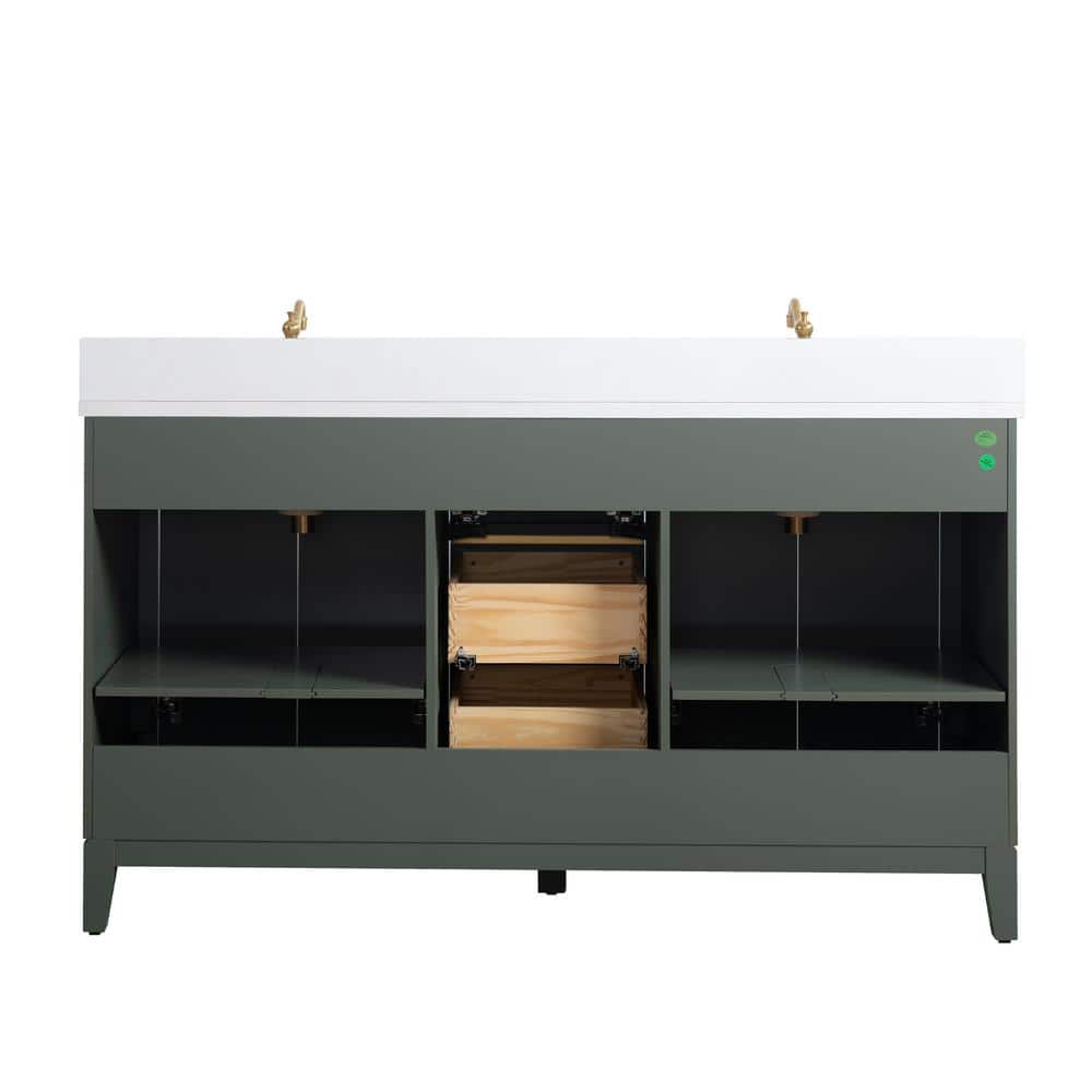 60" Vintage Green Double Sink Bathroom Vanity with Engineered Marble Top