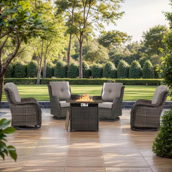 moosprr Brown 5-Piece Wicker Outdoor Dining Set with Olefin Gray Cushions Fire Pit Sets with Swivel Gliders for Patio