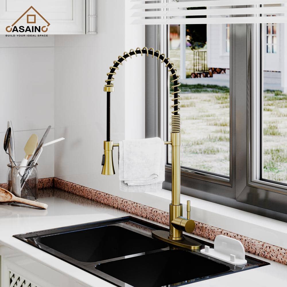 Brushed Gold Stainless Steel Pull-Down Kitchen Faucet with Spray Head