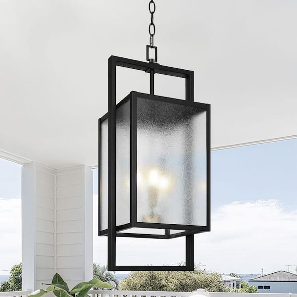 22.8 in. 3-Light Black Dimmable Outdoor Pendant Light with Frosted Glass and No Bulbs Included