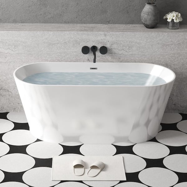 55 in. Acrylic Freestanding Bathtub, Stand Alone Soaking Tub, Glossy White Acrylic, Toe-Tap Chrome Drain, cUPC Certified