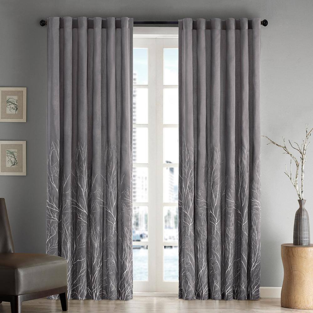 Gray Faux Silk Embroidered Puddle Length Curtain Panel