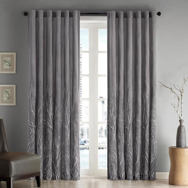 Madison Park Eliza Grey Botanical Polyester 50 in. W x 95 in. L Room Darkening Rod Pocket and Back Tabs Curtain with Lining