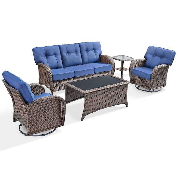 Modern Seaside 5-Piece Patio Wicker Outdoor Conversation Set Rocking Chair Swivel Glide with Table and Blue Cushions
