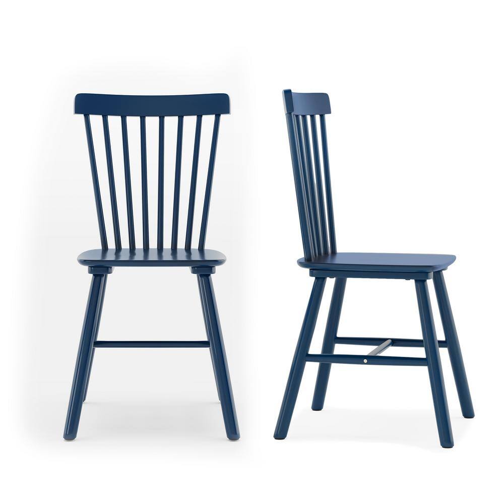 Two navy blue solid wood Windsor dining chairs shown from front and side views.