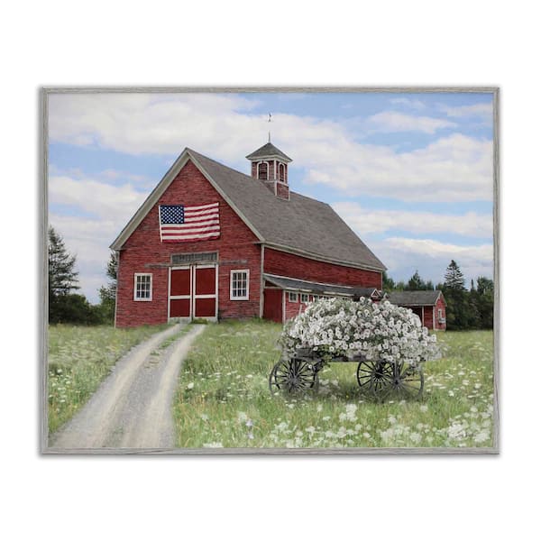 Barn with Floral Wagon by Lori Deiter Gray Framed Nature Giclee Art Print 16 in. x 20 in.