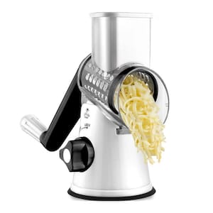 Cheese Grater Hand Crank with 3 Replaceable Stainless-Steel Blades - Deluxe White