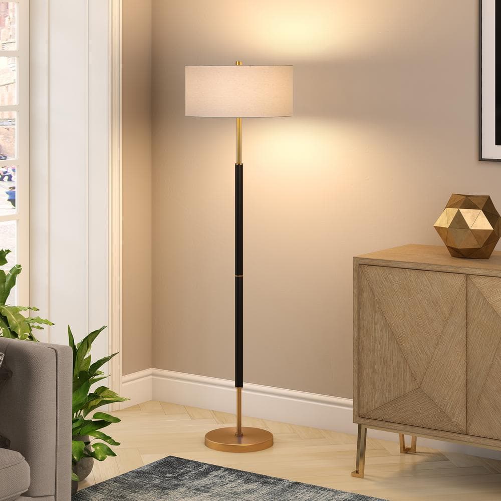 Matte Black and Brass Floor Lamp with White Drum Shade