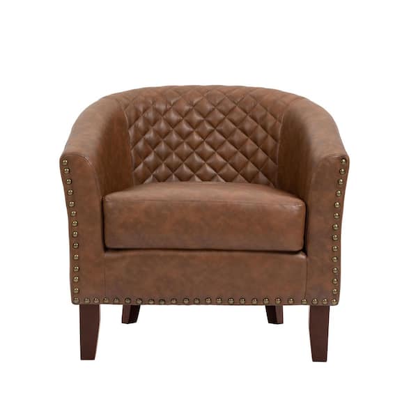 Mid-Century Brown PU Leather Nailhead Trim Upholstered Accent Barrel Chair With Solid Wood Legs