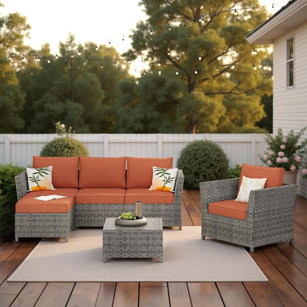 XIZZI Vesta Gray 6-Piece Wicker Outdoor Patio Conversation Sofa Set with Orange Red Cushions
