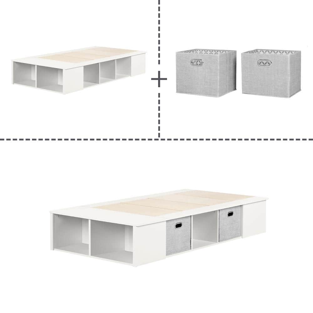 Twin White Wood Platform Bed with Storage Baskets