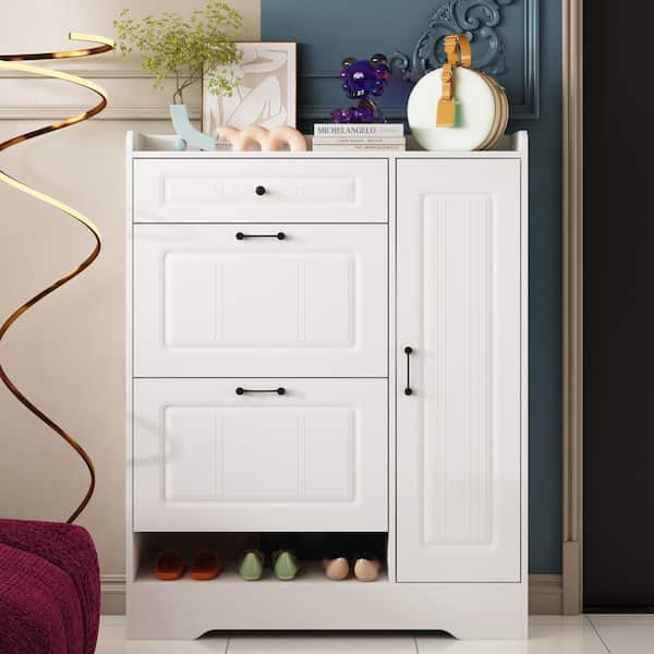 FUFU&GAGA 47.2 in. H x 35.4 in. W White Wood 15 Pairs Shoe Storage Cabinet with Foldable Compartments, Drawer and Cabinets