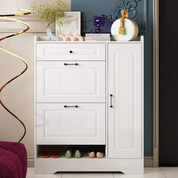 WIAWG 47.2 in. H x 35.4 in. W White Wood 15 Pairs Shoe Storage Cabinet with Foldable Compartments, Drawer and Cabinets