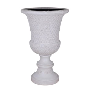 18 in. L x 18 in. W x 28 in. H Aged White Cast Stone Lattice Banded Urn