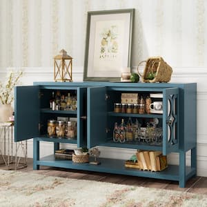 60 in. Antique Navy Rectangle Wood Console Table with Mirrored Doors and Open Shelf