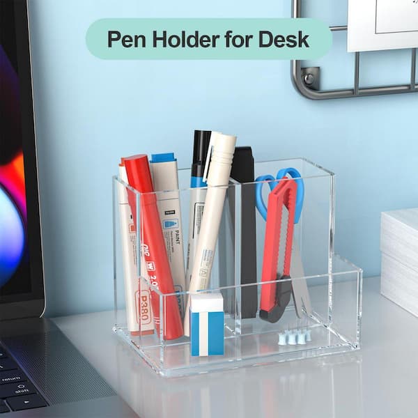 3.5 in. Clear Acrylic Pen Holder w 3 Compartments, Compact Desk