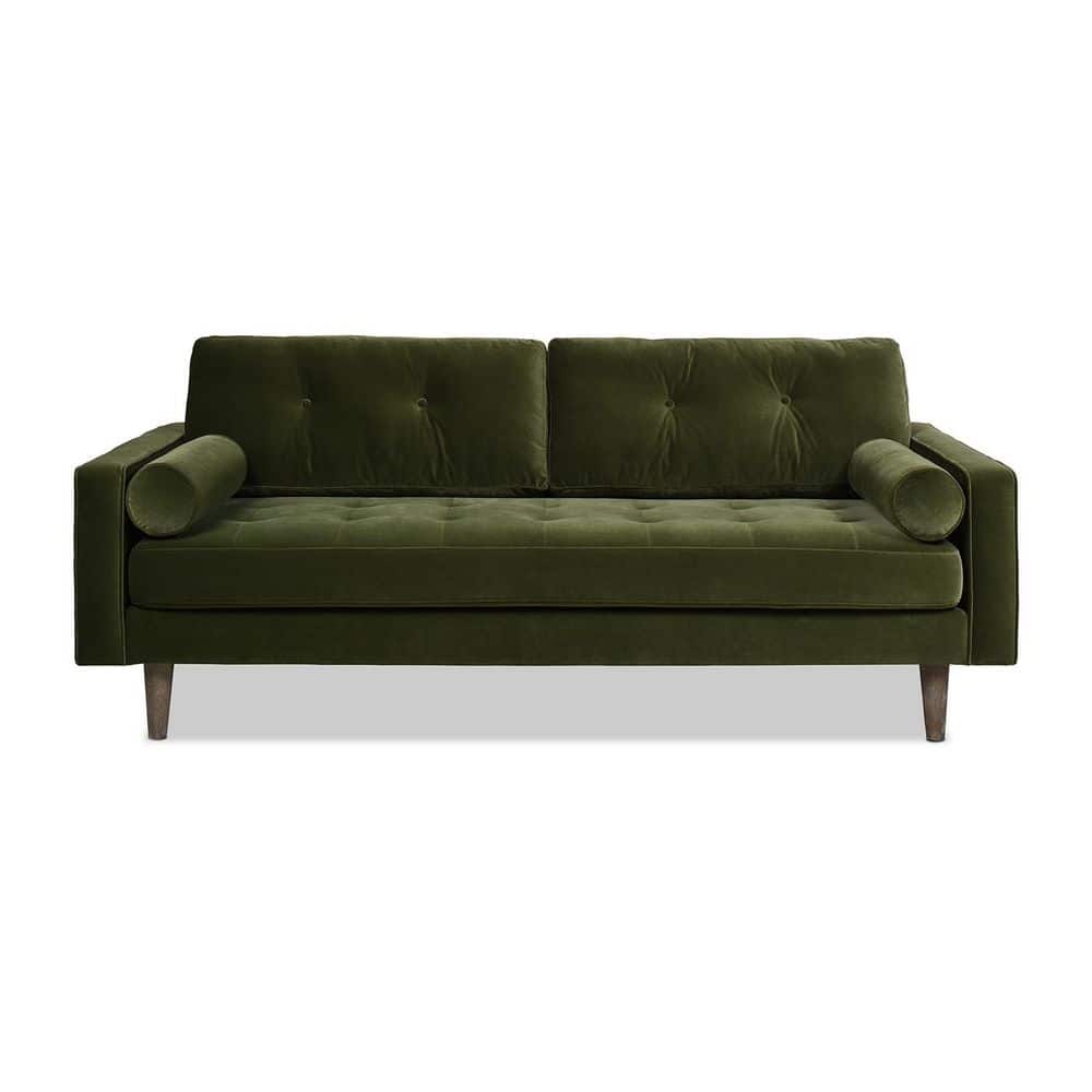 Olive Green Tufted Faux Leather Sofa with Wood Legs