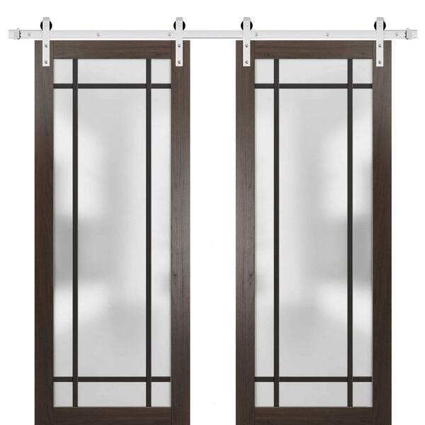 Sartodoors 36 in. x 80 in. 2 Panel Frosted Glass Chocolate Ash Solid Wood Sliding Barn Door with Hardware Kit