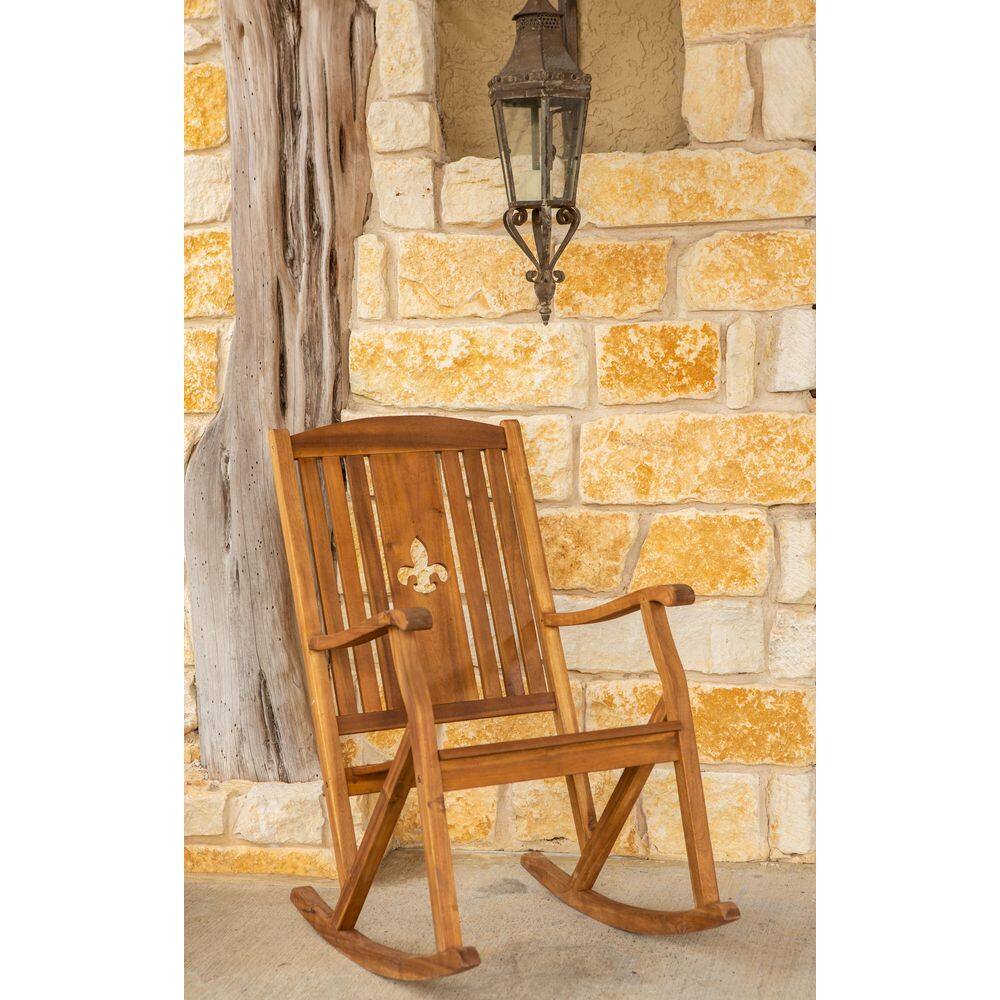 Sequoia Brown Acacia Wood Outdoor Rocking Chair with Fleur-De-Lis