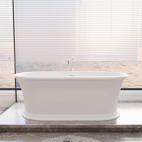 61 in. x 30.7 in. Vintage Pedestal Solid Surface Stone Resin Rectangular Freestanding Soaking Bathtub in White