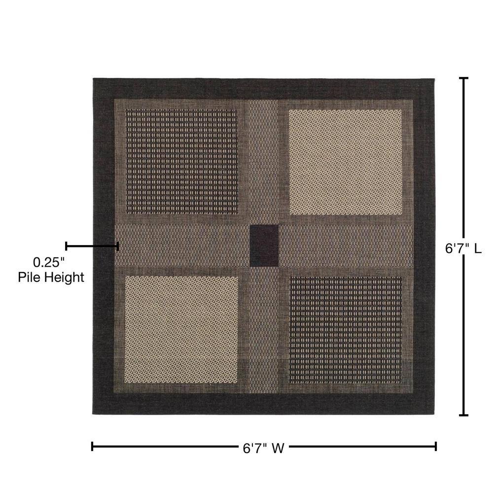 Black and Sand Geometric Synthetic Outdoor Area Rug, 6'-7" Square