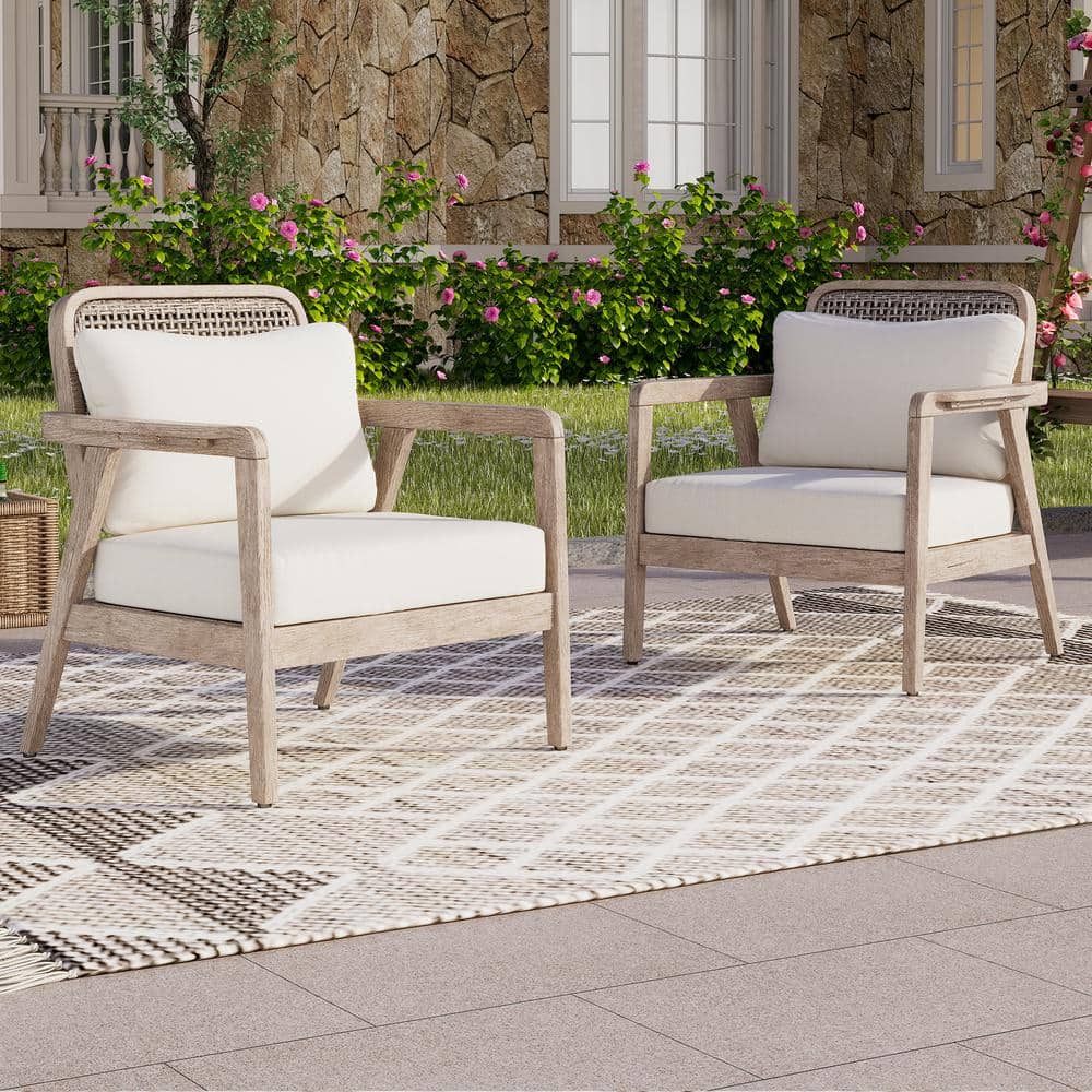 2-Pack Outdoor Wood Lounge Chair with White Cushions, Unique Criss-Cross Ba