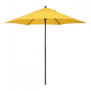9 ft. Wood-Grain Steel Push Lift Market Patio Umbrella in Polyester Yellow Fabric