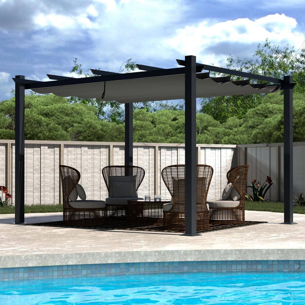 Gray Aluminum Pergola with Retractable Canopy, 13x10 ft