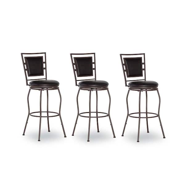 Townsend Adjustable 30 in. Dark Brown High Back Metal Bar Stool with Faux Leather Seat Set of 3
