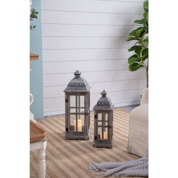 Gray Fir Wood Decorative Candle Lantern with Adorable Metal Roof, Urban Scape Lanterns for Indoor, Outdoor & Garden