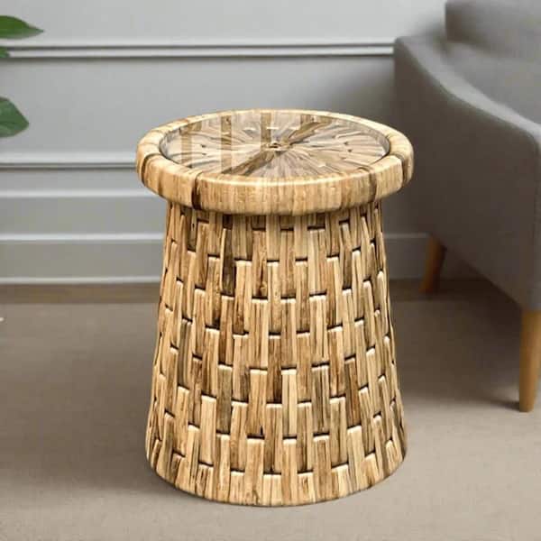 Drum 19.75 in. Natural Round Glass End Table